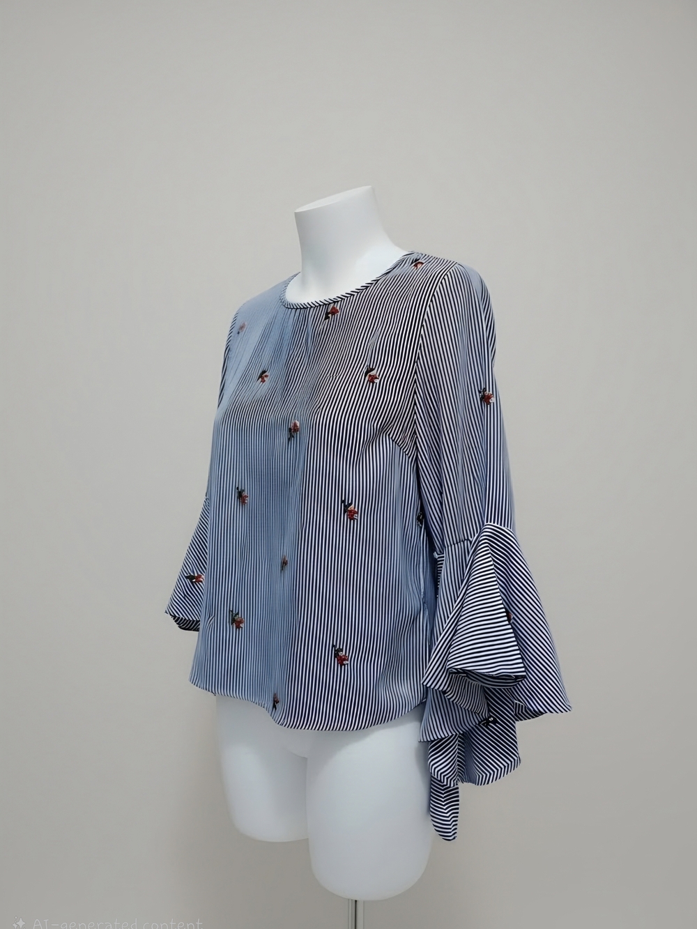 Striped Blue Bell-Sleeve Blouse with Delicate Embroidery